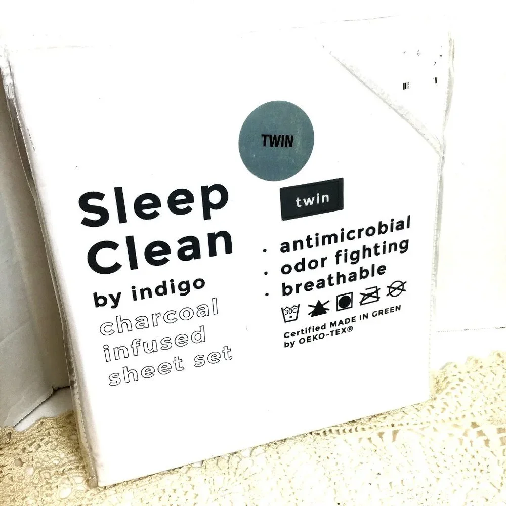 Indigo 3 pc Sheet Set Sleep Clean Twin White Charcoal Infused NWOT